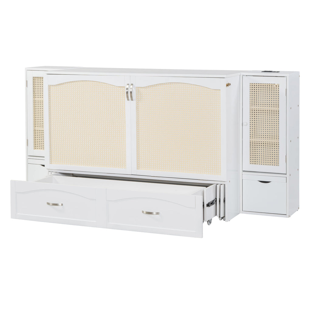 Large Murphy bed wall mounted bed with drawers, 2 storage cabinets, 1 set of sockets and USB ports, white