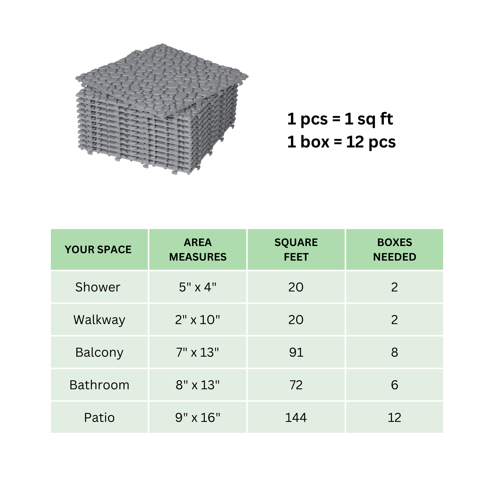 12 x 12 inch gray interlocking deck tiles, plastic waterproof pebble pattern, pack of 12 pieces