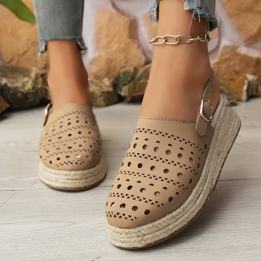Baotou sandals women's thick soled sloping heel retro hemp rope hollowed out women's sandals