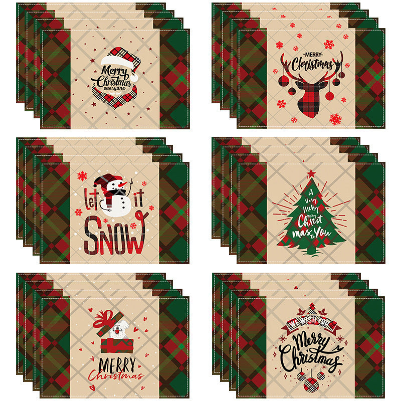 Christmas table mat with white linen snowman checkered print