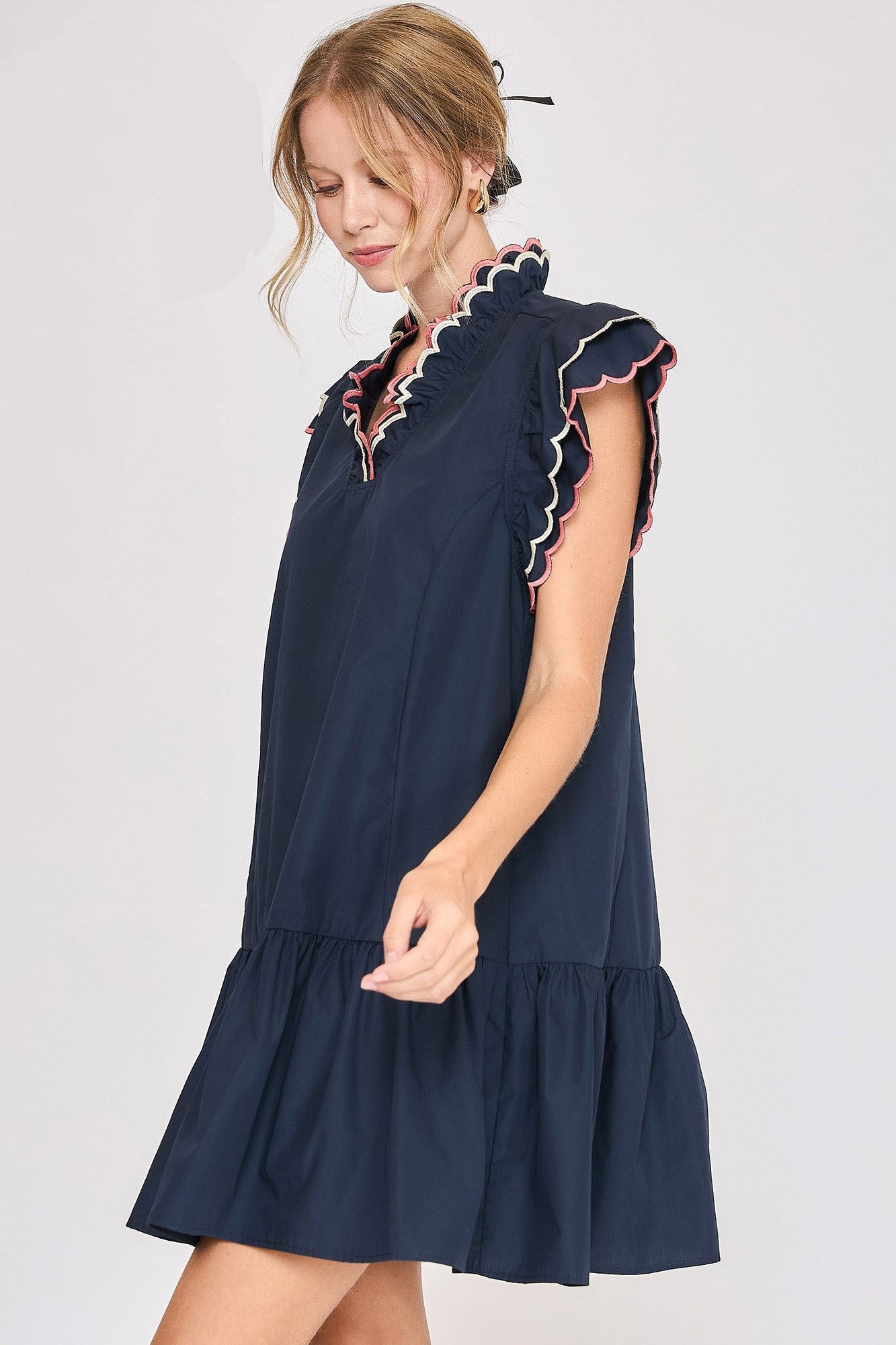 Classic Full Size Ruffled Sleeve Plus Size Dress Elegant & Feminine Chic Dress Dark Navy Women Dress