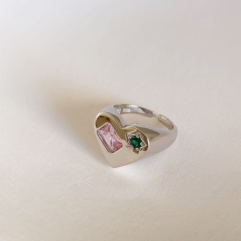 Dopamine love colored zircon diamond ring female niche index finger high-end fashion personality open ring