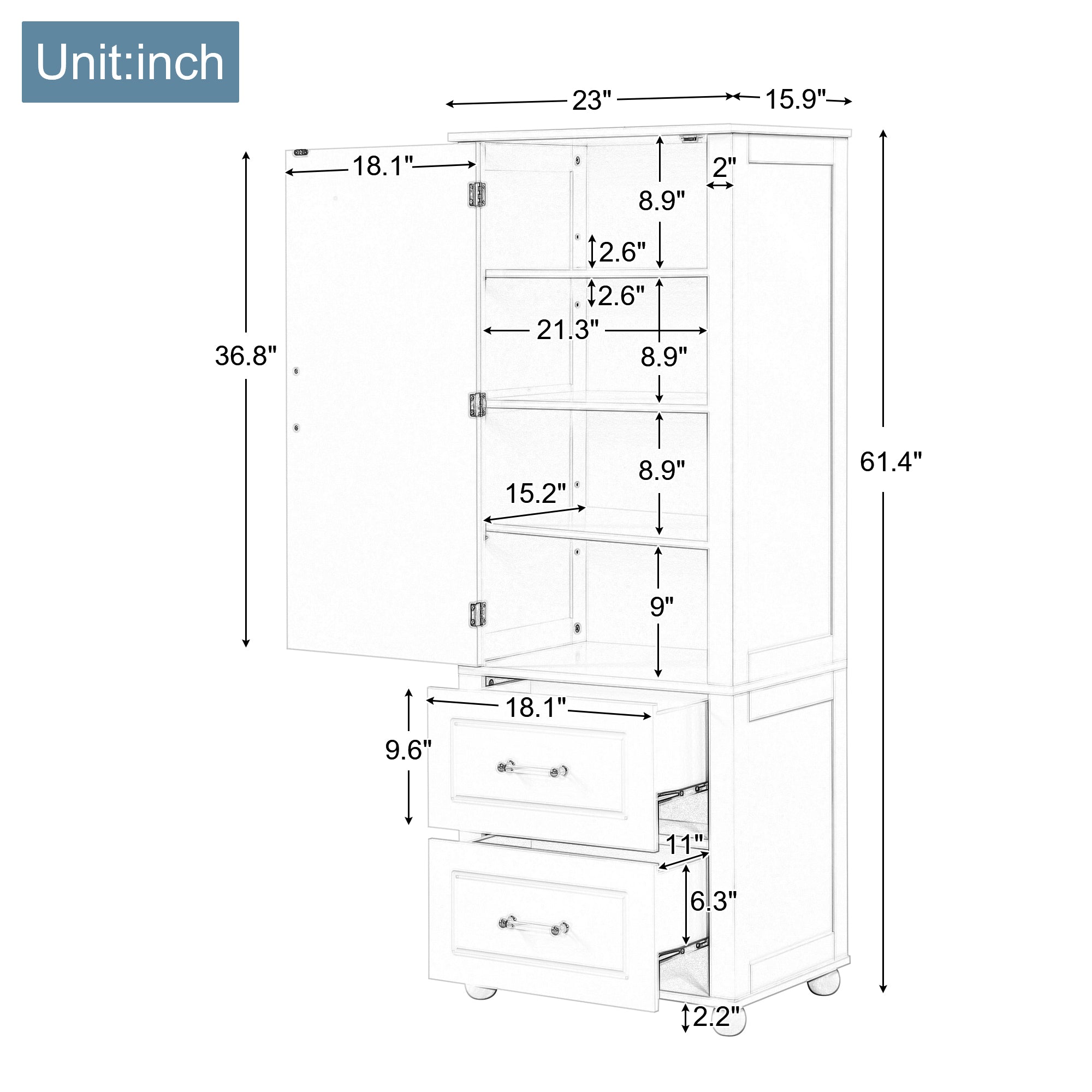 Tall bathroom storage cabinet with two drawers and adjustable shelves for independent storage