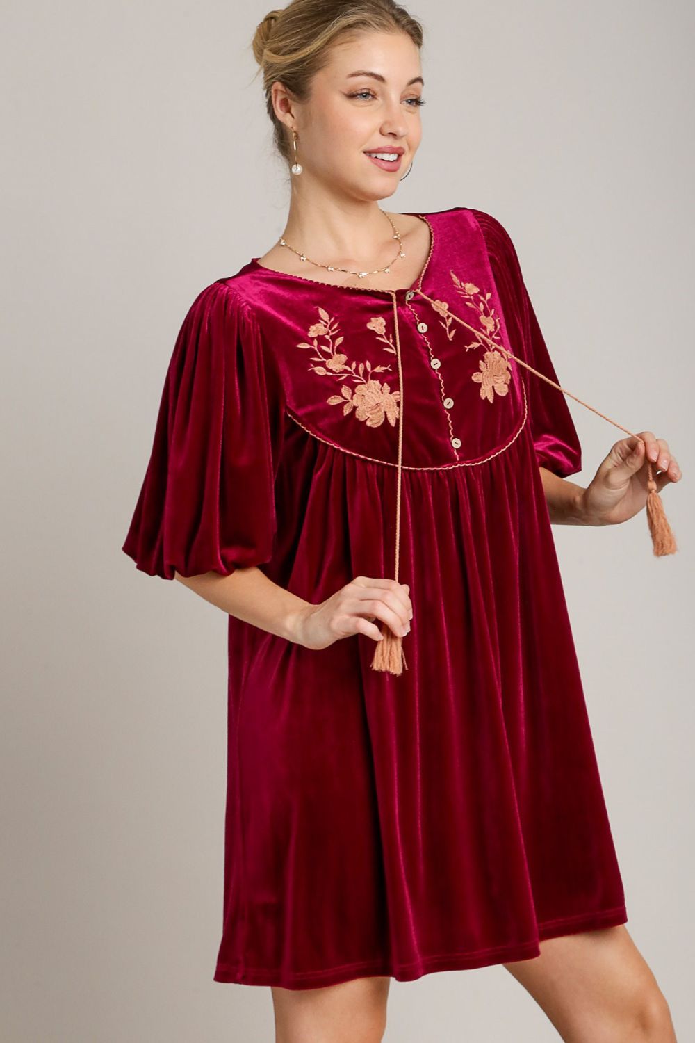 Embroidered Half Sleeve Velvet Mini Dress with Tassel For Women – Luxurious Velvet Dress, Embroidered Tassel Mini Dress, Elegant Party Dress