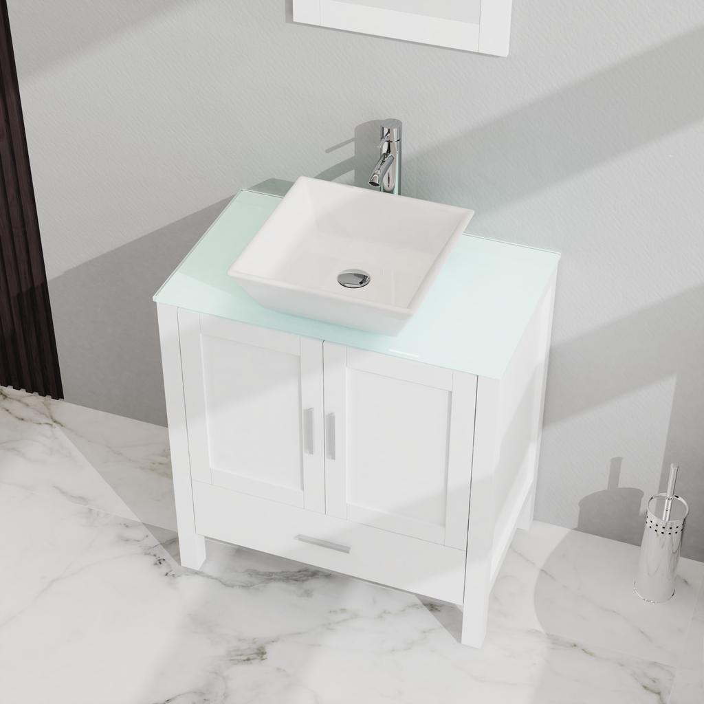 Goodyo 30" Bathroom Vanity and Sink Combo Glass Top Cabinet w/Mirror, White