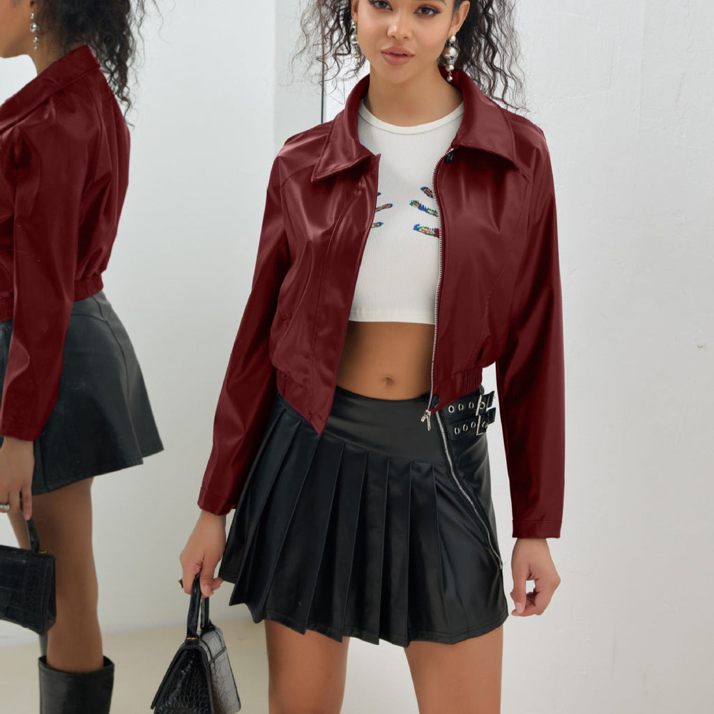 Women's Short Leather Jacket Retro Zipper PU American Casual Motorcycle Coat