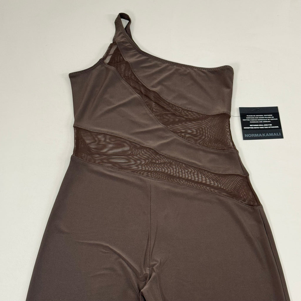 NORMA KAMALI One Shoulder Snake Mesh Catsuit Footsie Women's Sz L/40 Chocolate