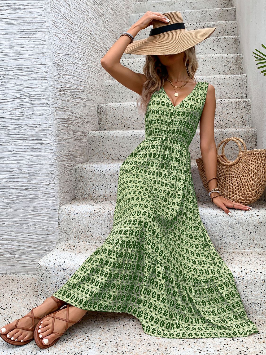 Vintage Printed V-Neck Tie Waist Midi Dress Lightweight Trendy & Elegant Dress for Women