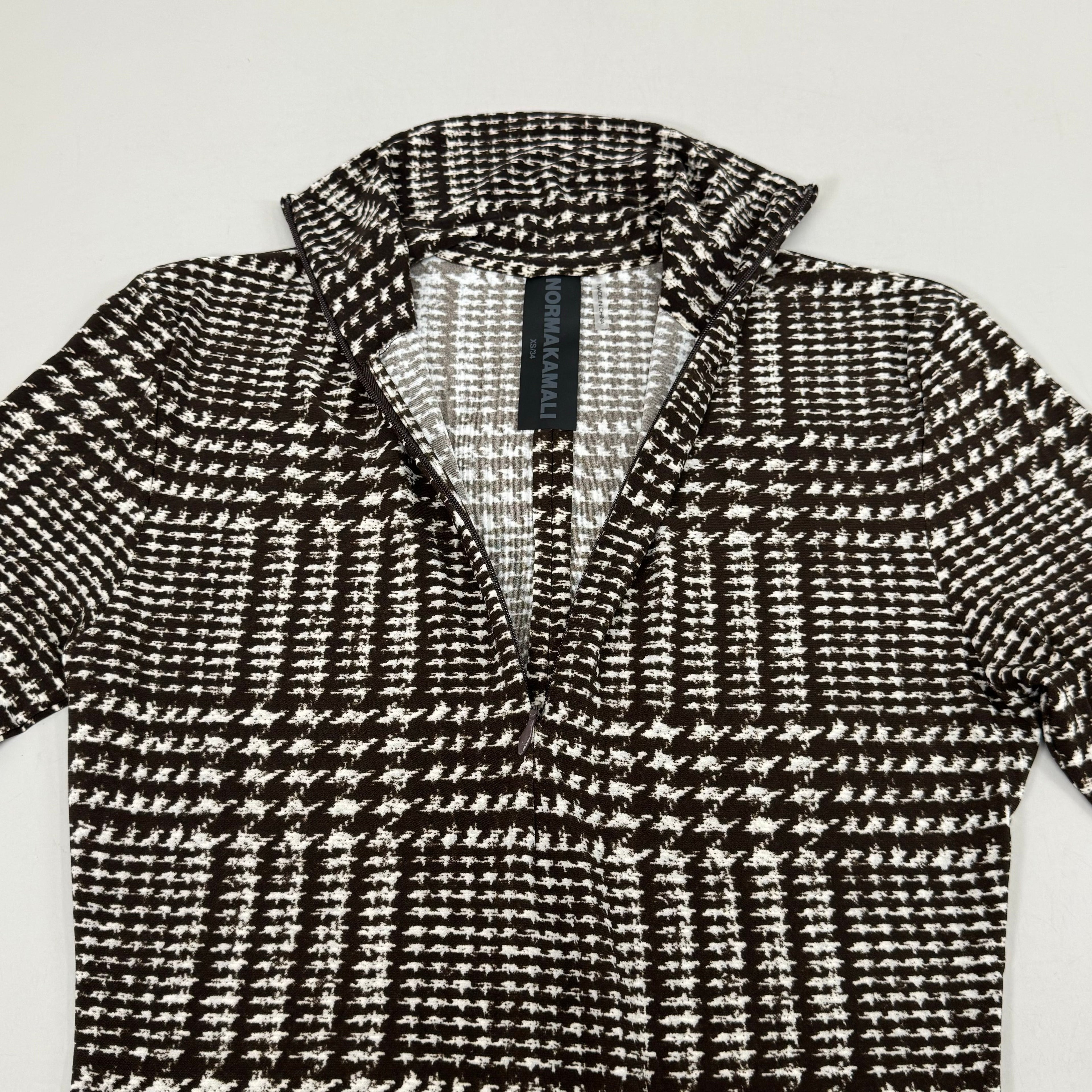 NORMA KAMALI Front Zip Slim Fit Turtle Top Women's Sz XS/34 Chocolate Plaid Tweed