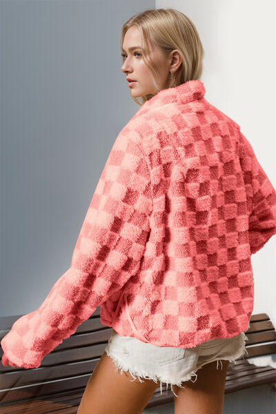 Double Take Checkered Long Sleeve Fuzzy Jacket Cozy & Trendy Outerwear For Women