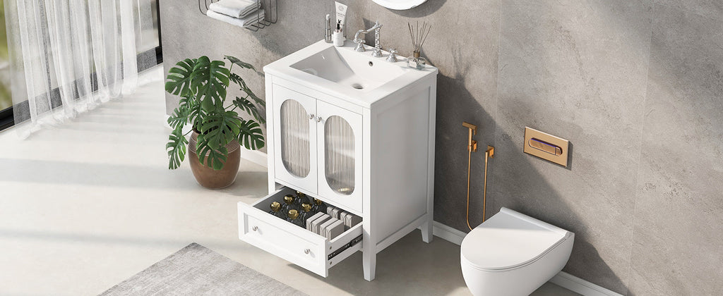 24" Bathroom Vanity with Sink, Bathroom Vanity Cabinet with One Drawer and Doors, Adjustable Shelf, Solid Wood and MDF, White