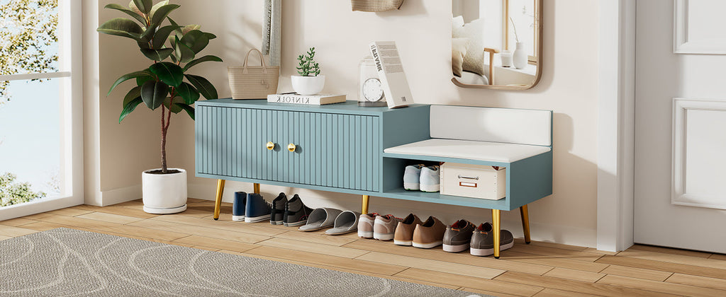 Modern Shoe Storage Bench with Hidden Storage and Upholstered Cushions for Bedside, Living Room and Entryway (Tiffany Blue)