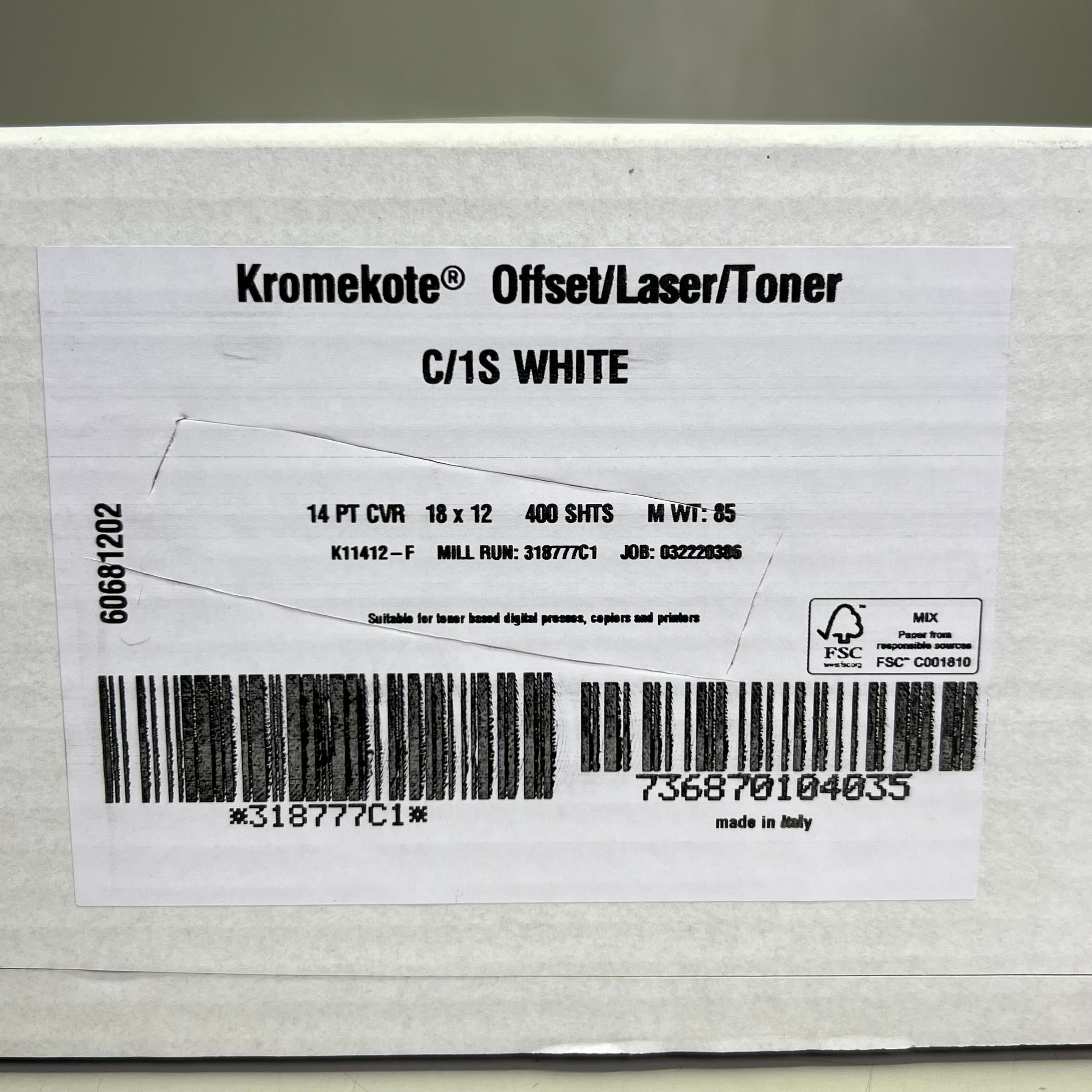 KROMEKOTE (2 PACK, 200 Each) Offset/Laser/Toner Paper C/1S 18x12” White 318777C1