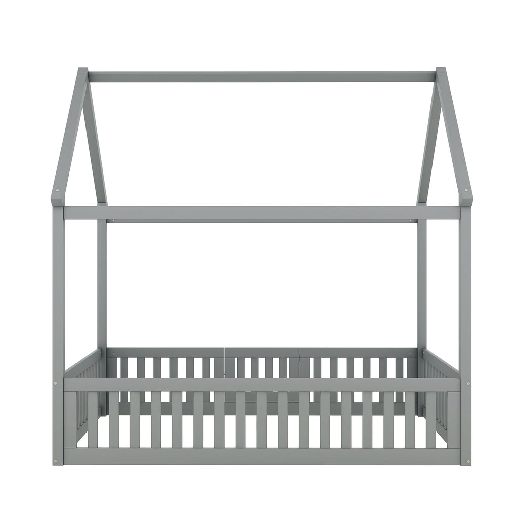 Full Size Wood House Bed with Fence and Door, Gray