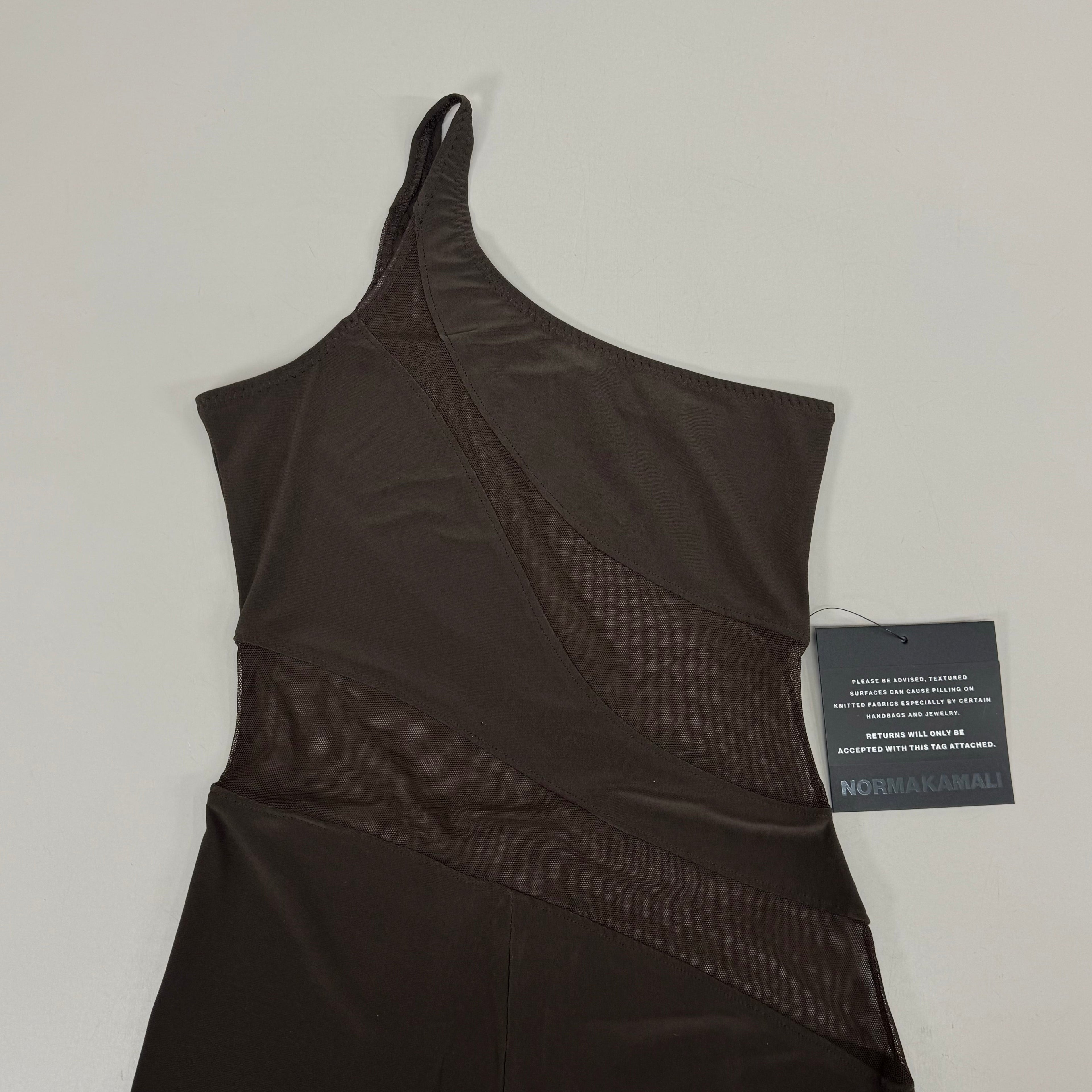 NORMA KAMALI One Shoulder Snake Mesh Catsuit Footsie Women's Sz S/36 Chocolate