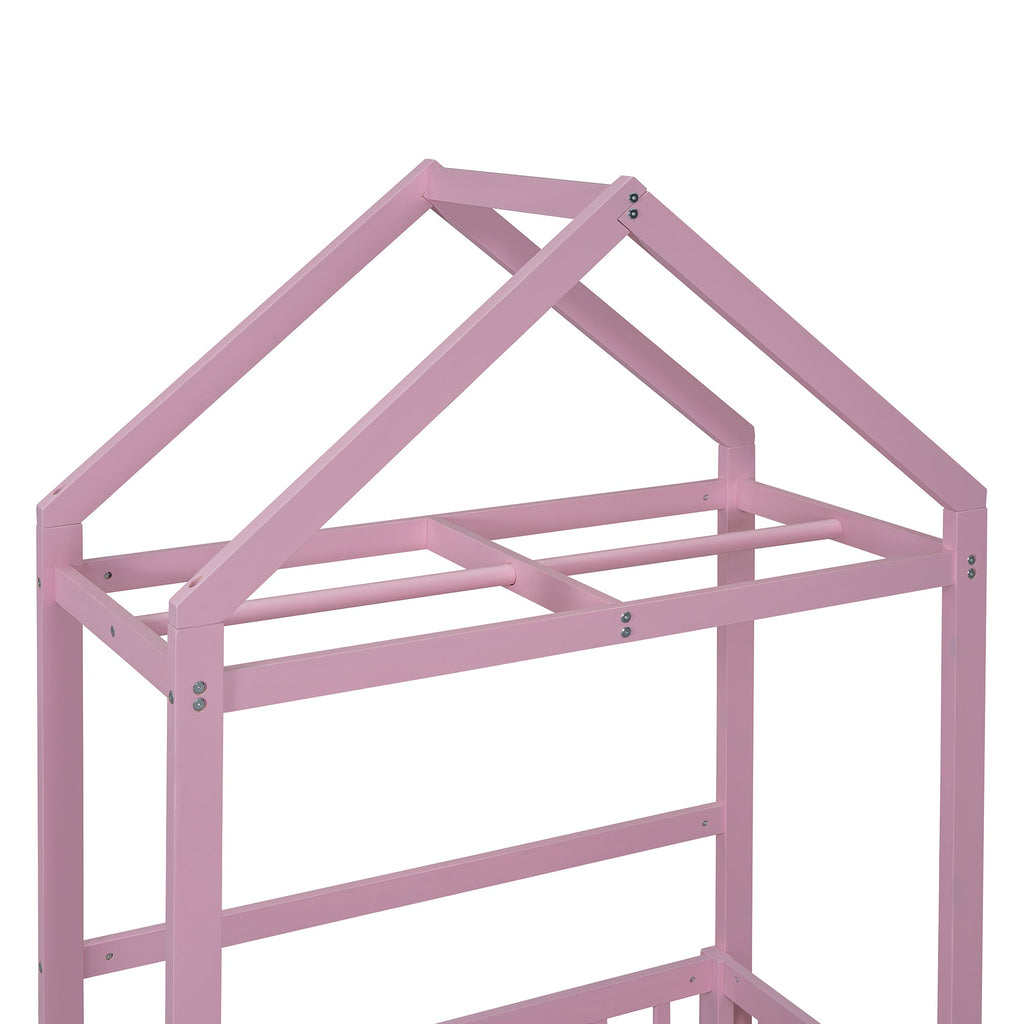 Wooden Twin Size Children's Bed with Detachable Headboard and Integrated Clothes Drying Rack, Pink