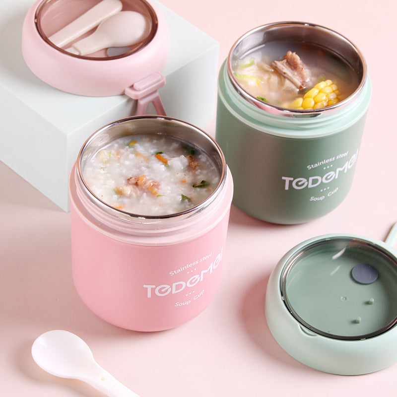 Japanese style simple sealed 304 stainless steel insulated breakfast cup with lid and spoon