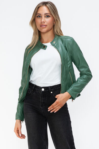 Women Classic Snobbish Faux Leather Zip-Up Drawstring Hooded Jacket Edgy & Casual PU Leather Jacket For Streetwear