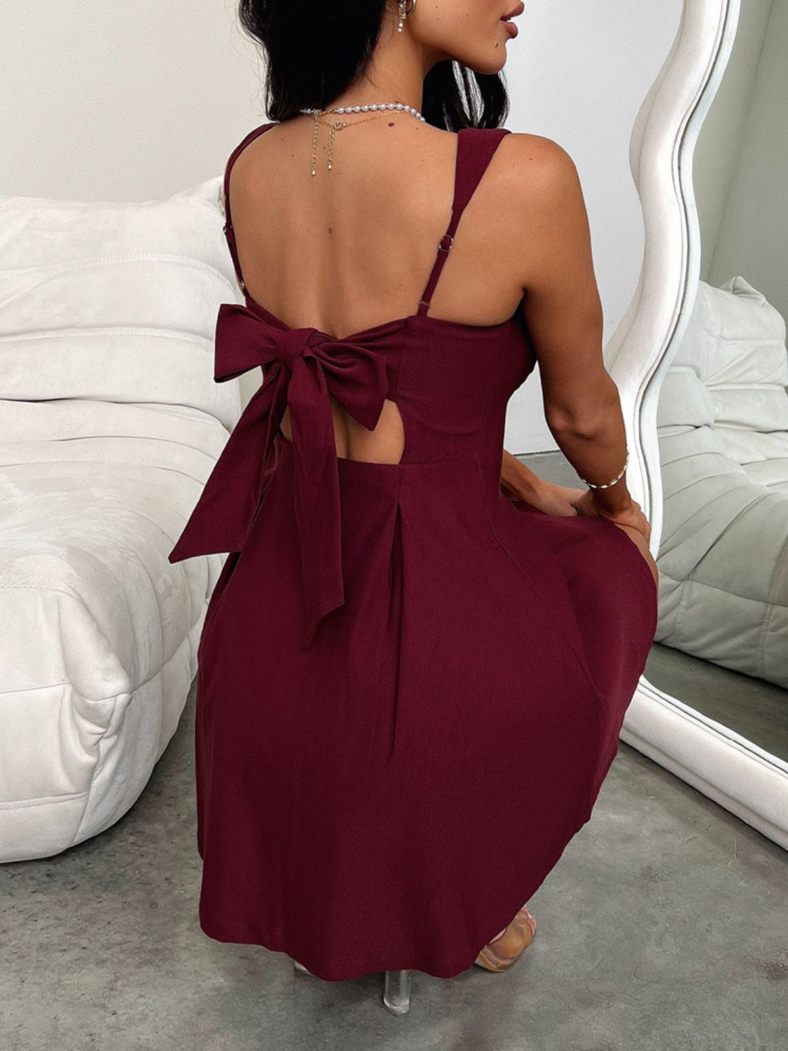 Dark Blue Bow Back Square Neck Mini Dress Luxury Feminine & Flattering Dress For Girls