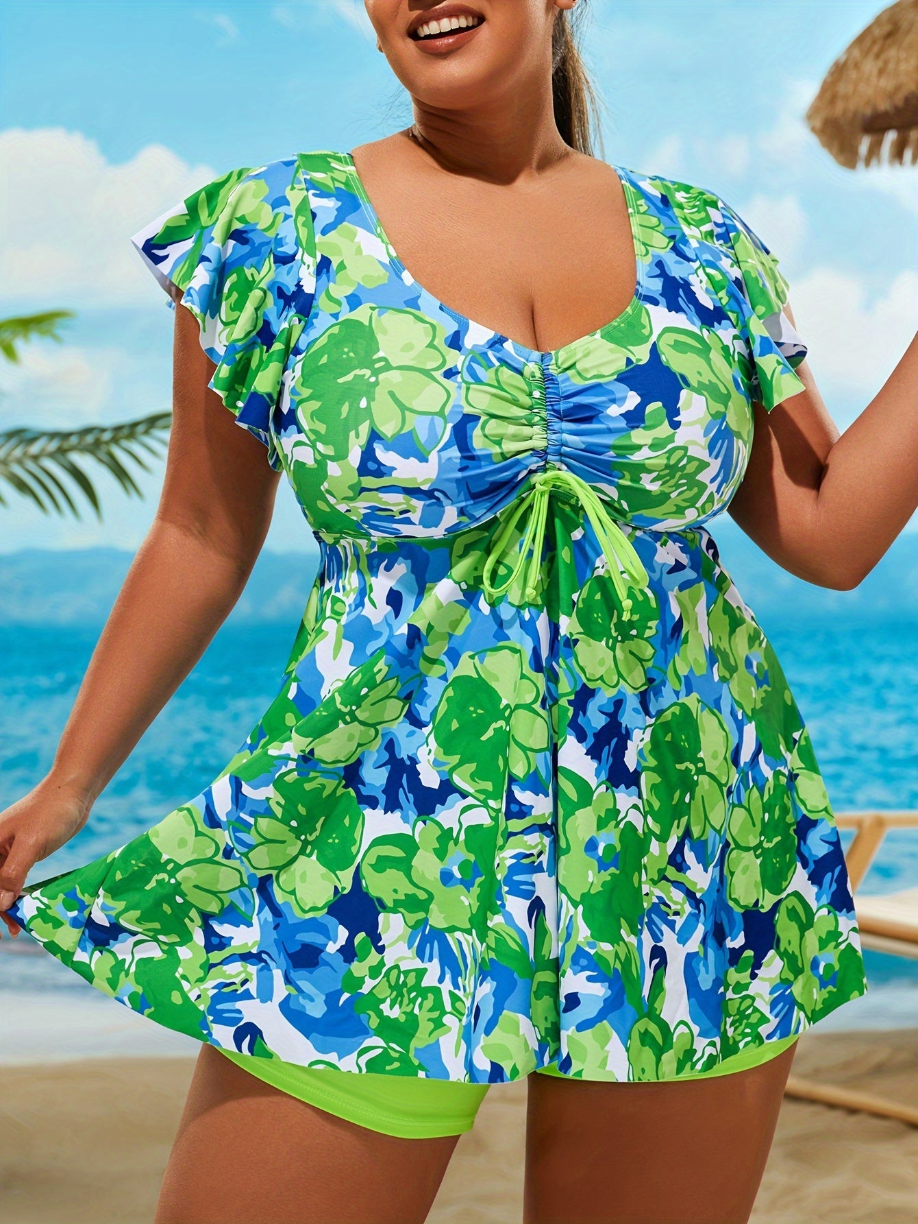 Bikini Floral Print Bandeau V Neck 2 Piece Swimsuit for Women – Stretchy Vacation Bikini Set with Soft Polyamide Fabric – Stylish Summer Swimwear for Beach Holidays Pool Lounging and Resort Getaways