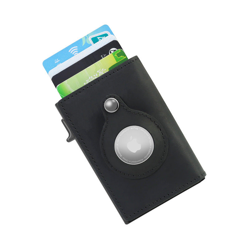 Leather Sliding Wallet Bi-Fold Credit Card Wallet Automatic Pop-Up Card Holder With Air Tag Protective Sleeve