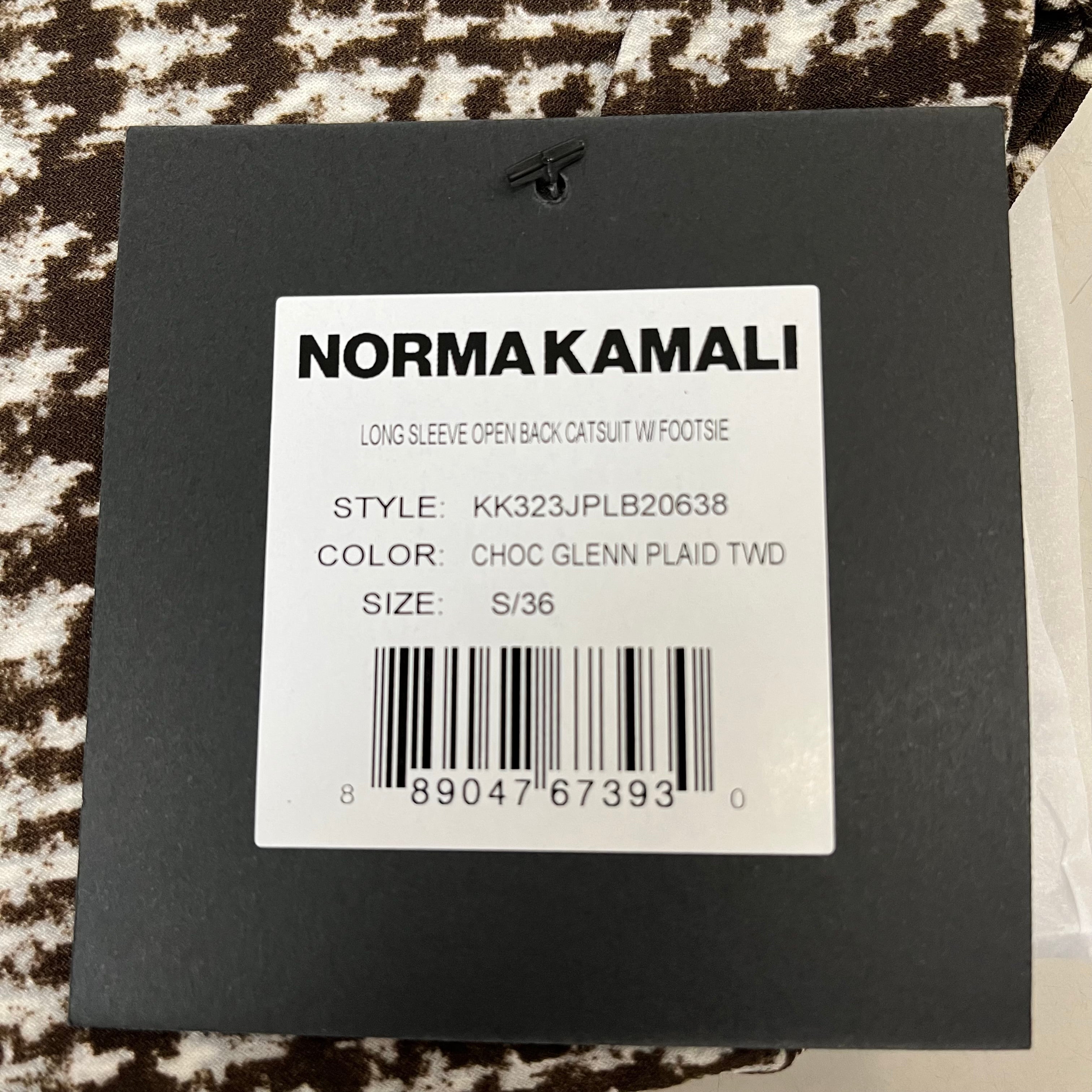 NORMA KAMALI Sleeve Open Back Catsuit Footsie Women's Sz S/36 Chocolate Plaid