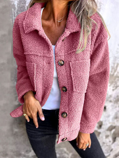 Comfortable Modern Women Full Size Fuzzy Button-Up Jacket with Drop Shoulder and Pockets