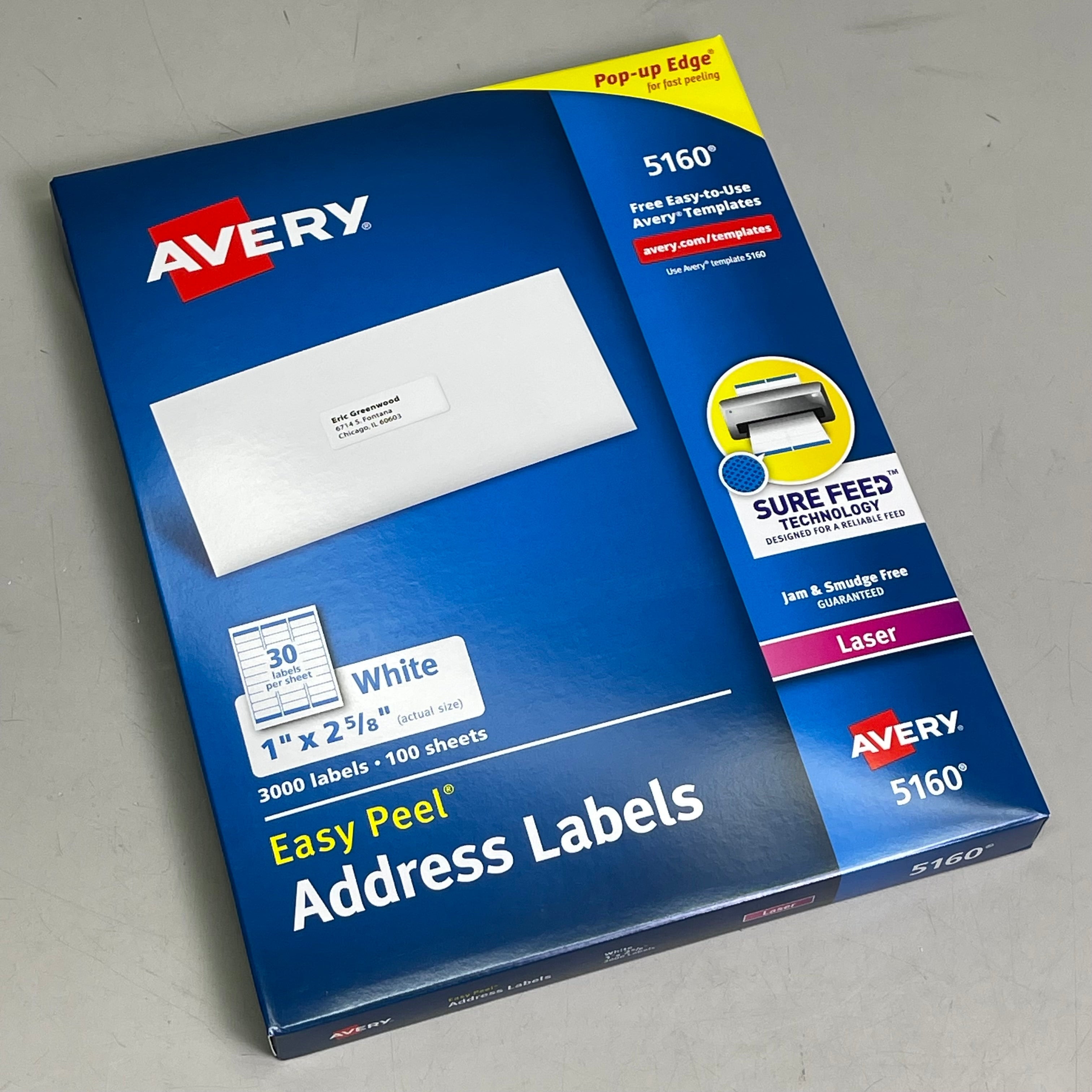 AVERY Easy Peel Sure Feed Address Labels 30 Sheet 1"x 2-5/8" Adhesive White 5160
