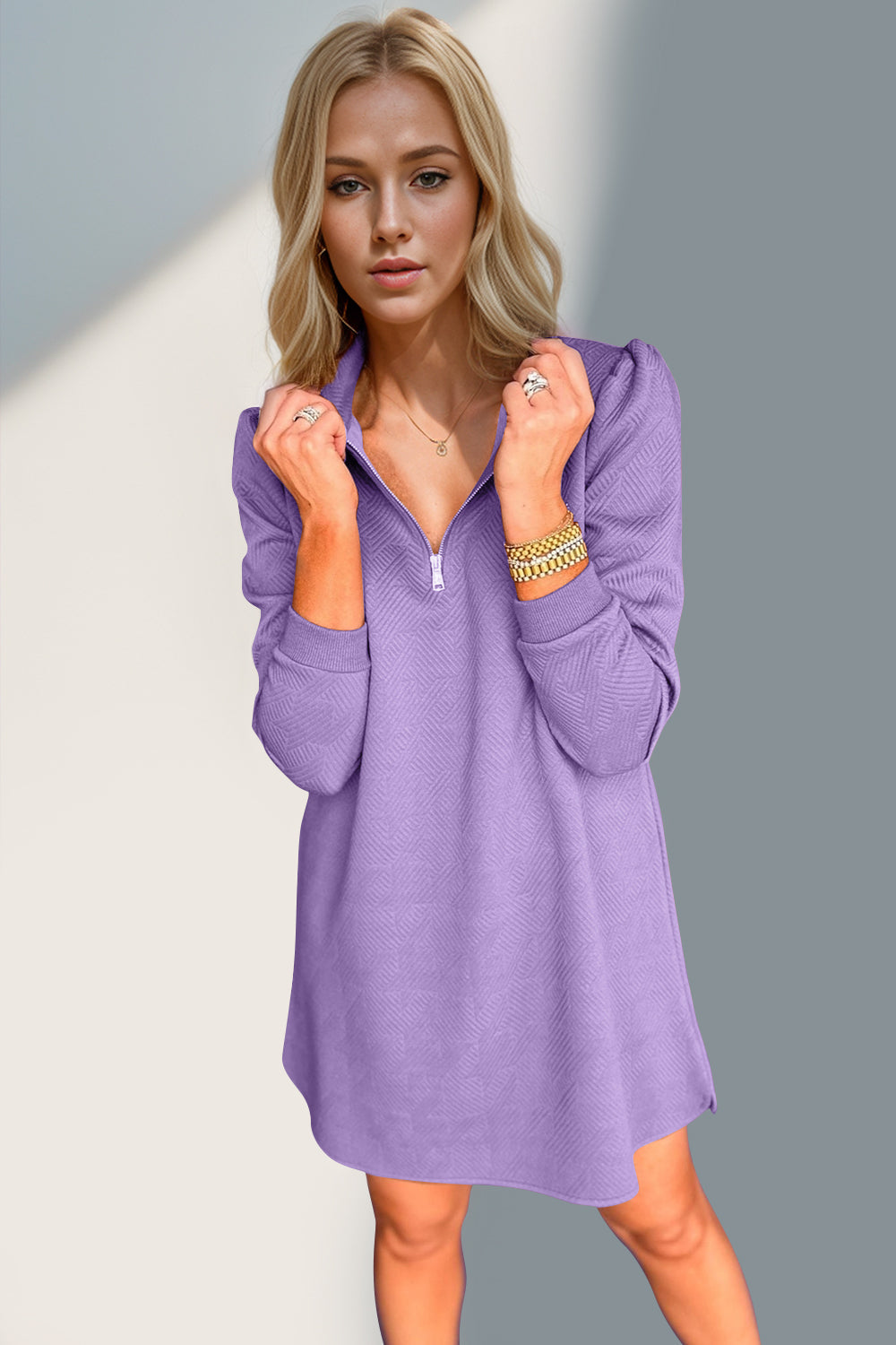 Double Take Textured Zip Long Sleeve Dress Classic Zip-Up Dress for Women Comfortable Outdoor Dress