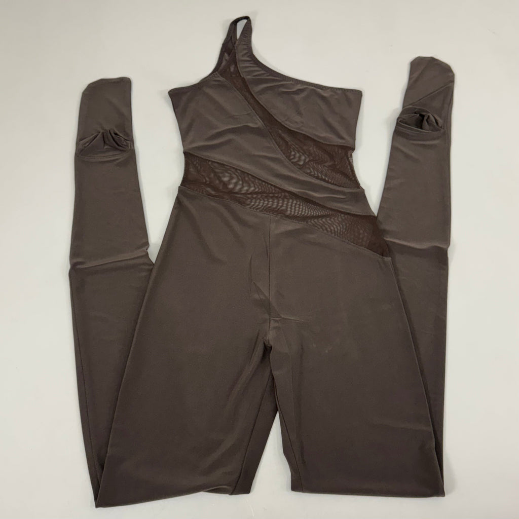 NORMA KAMALI One Shoulder Snake Mesh Catsuit Footsie Women's Sz XS/34 Chocolate