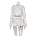 Printed round neck long sleeved cardigan with exposed waist top loose casual shorts set for women
