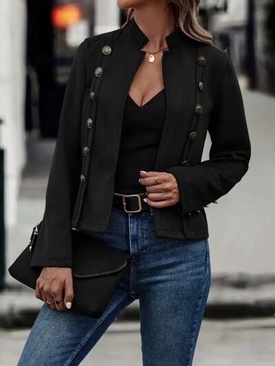 Decorative Button Open Front Long Sleeve Jacket – Elegant Casual Outerwear for Women