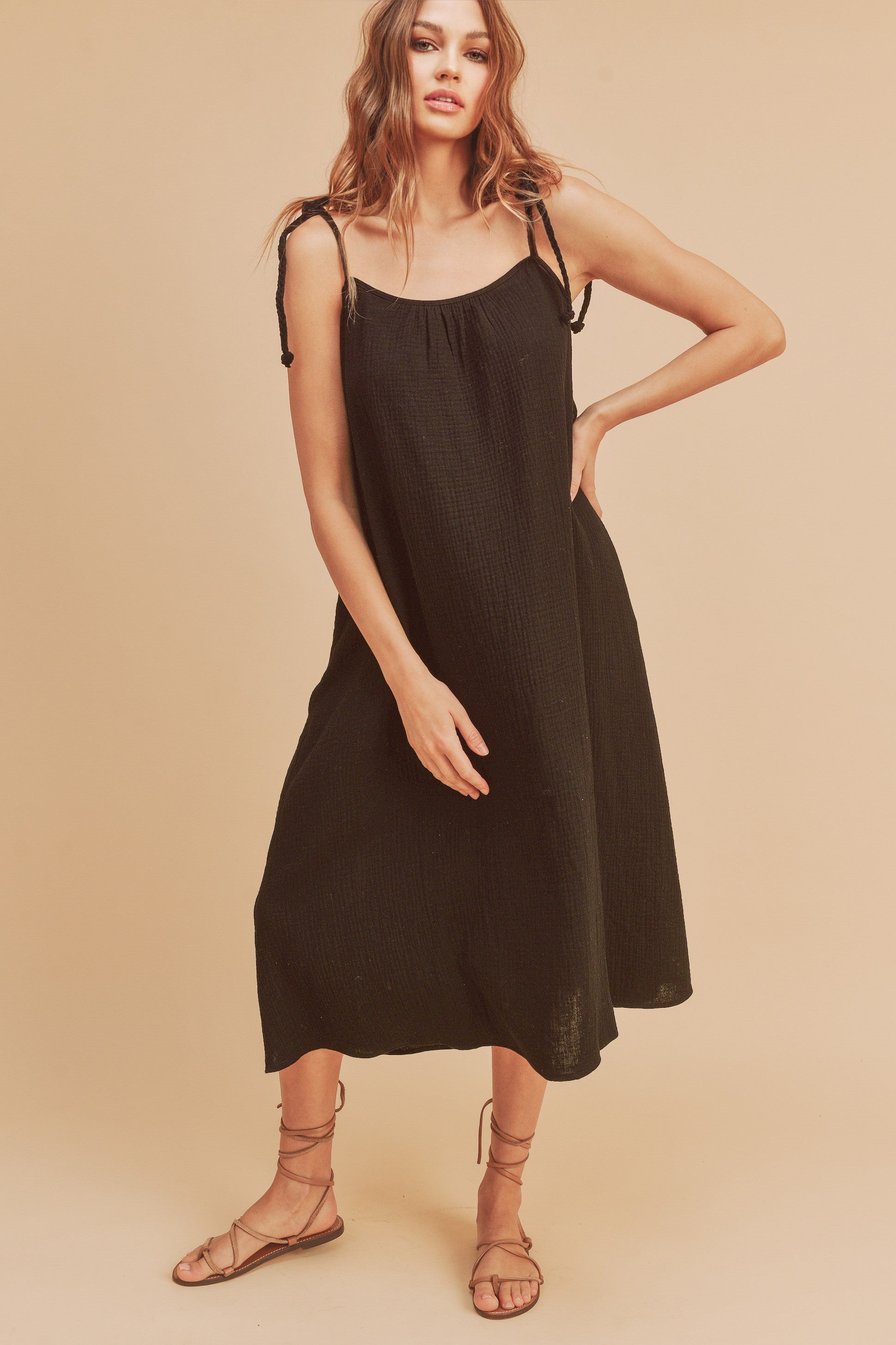 New Summer Midi Cami Dress For Women with Braided Tie Shoulder & Pockets – Soft Cotton Gauze Fabric, Chic & Comfortable Design For Every Occasion