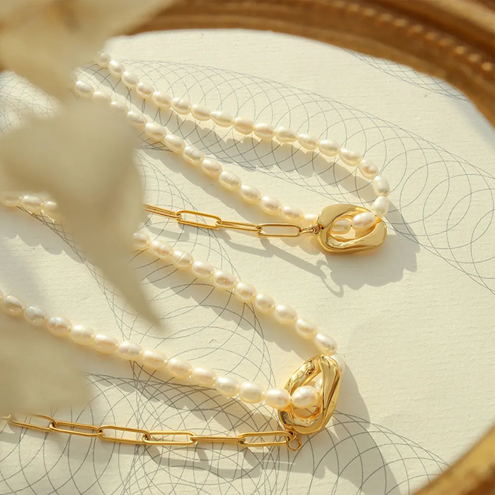 New freshwater pearl patchwork necklace made of stainless steel and 18K gold for women