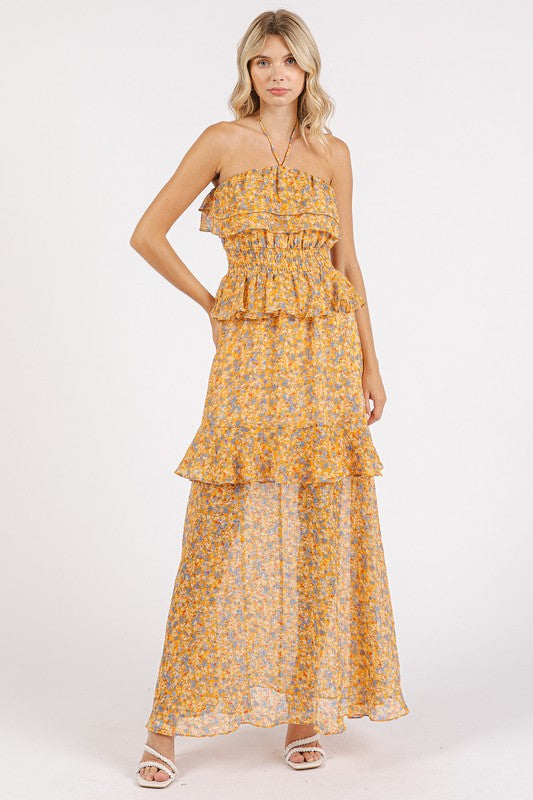 Ruffled Smocked Floral Halter Neck Maxi Dress – Elegant and Feminine Floral Maxi Dress with Smocked Waist and Ruffled Detailing