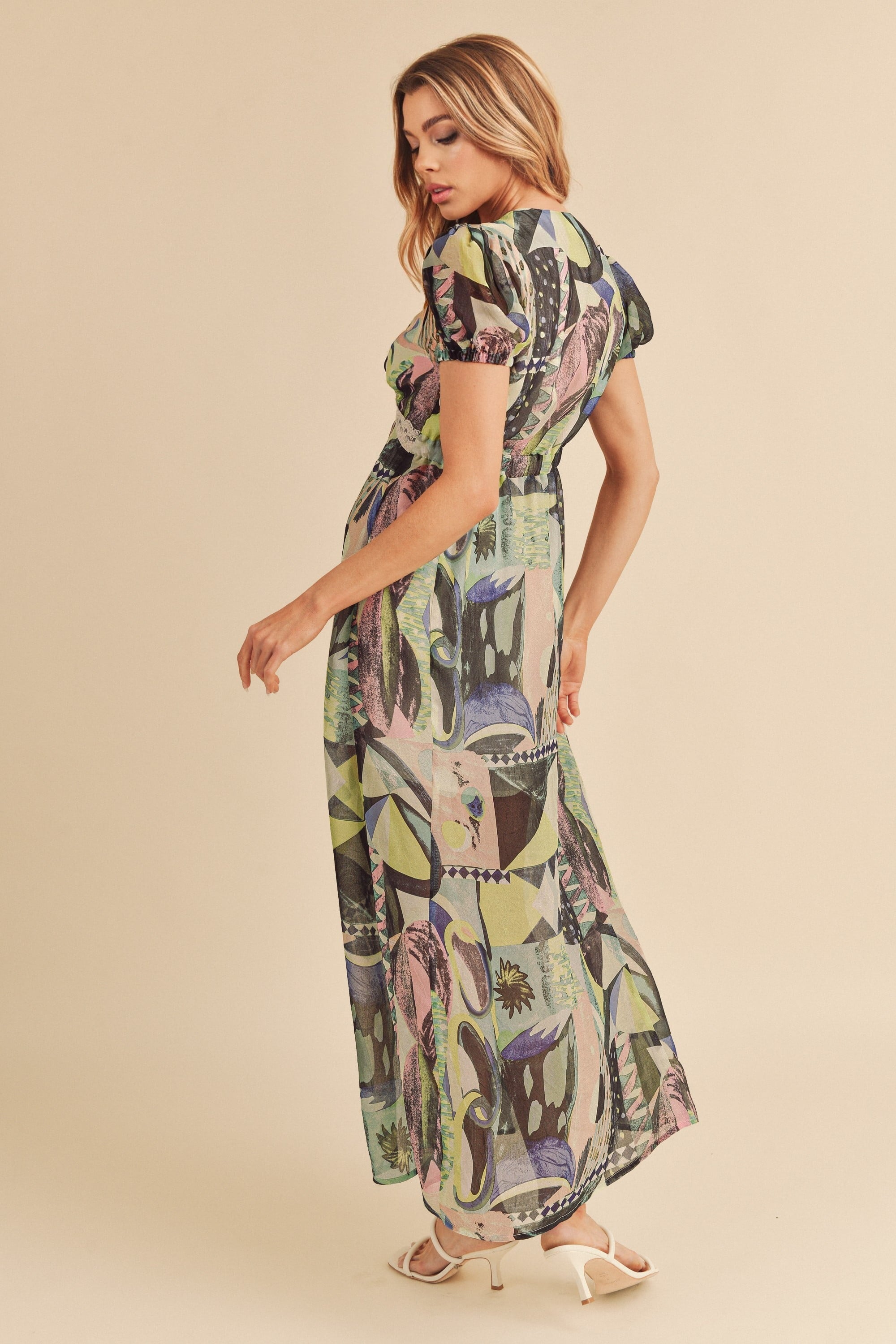 Lace Detail Slit Geometric Print Short Sleeve Maxi Comfortable Dress For Women, Elegant Lace, Alluring Slit, Sophisticated Geometric Print for Casual & Dressy Occasions