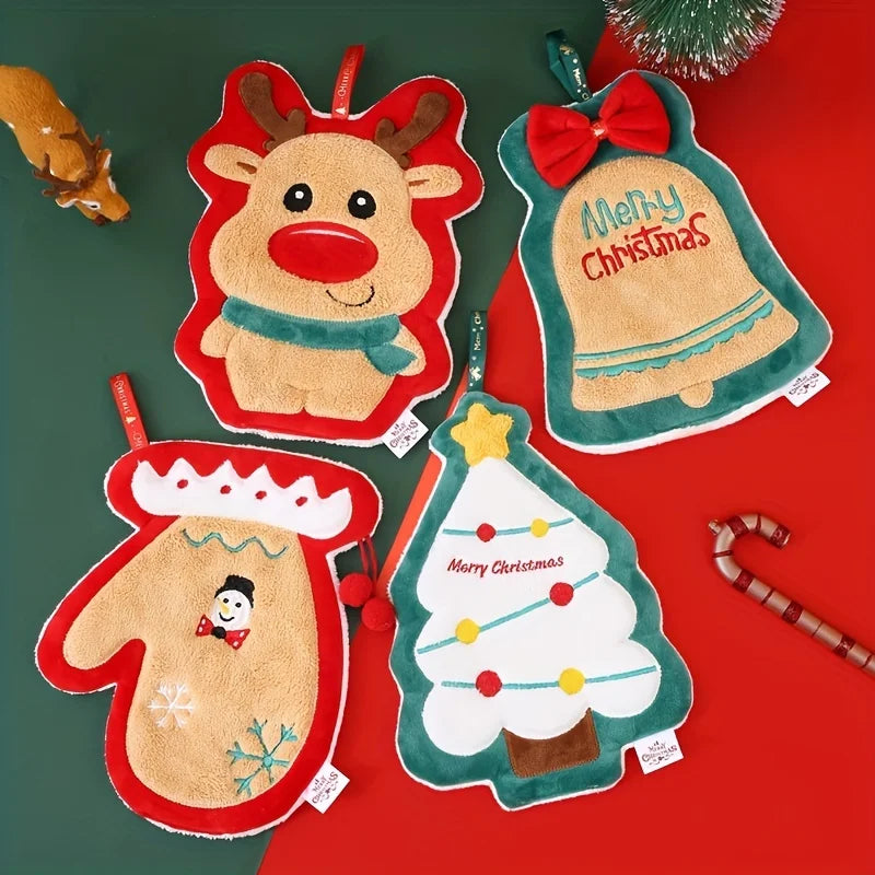 Christmas hand towel hanging style, new thickened coral fleece absorbent quick drying cloth, kitchen embroidery hand towel