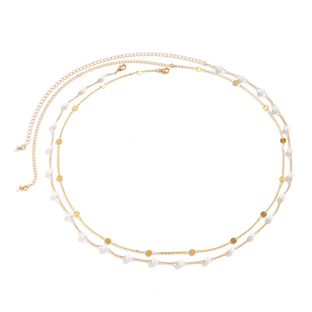 Double layered waist chain, geometric sequins, waist chain, beach party, imitation pearl body chain, fashionable
