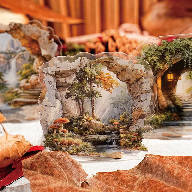 Mountain River Landscape Diorama Stickers | 60pcs Scenic Decals for Journal Scrapbooking