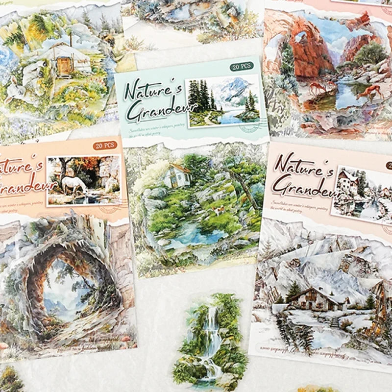Mountain River Landscape Diorama Stickers | 60pcs Scenic Decals for Journal Scrapbooking