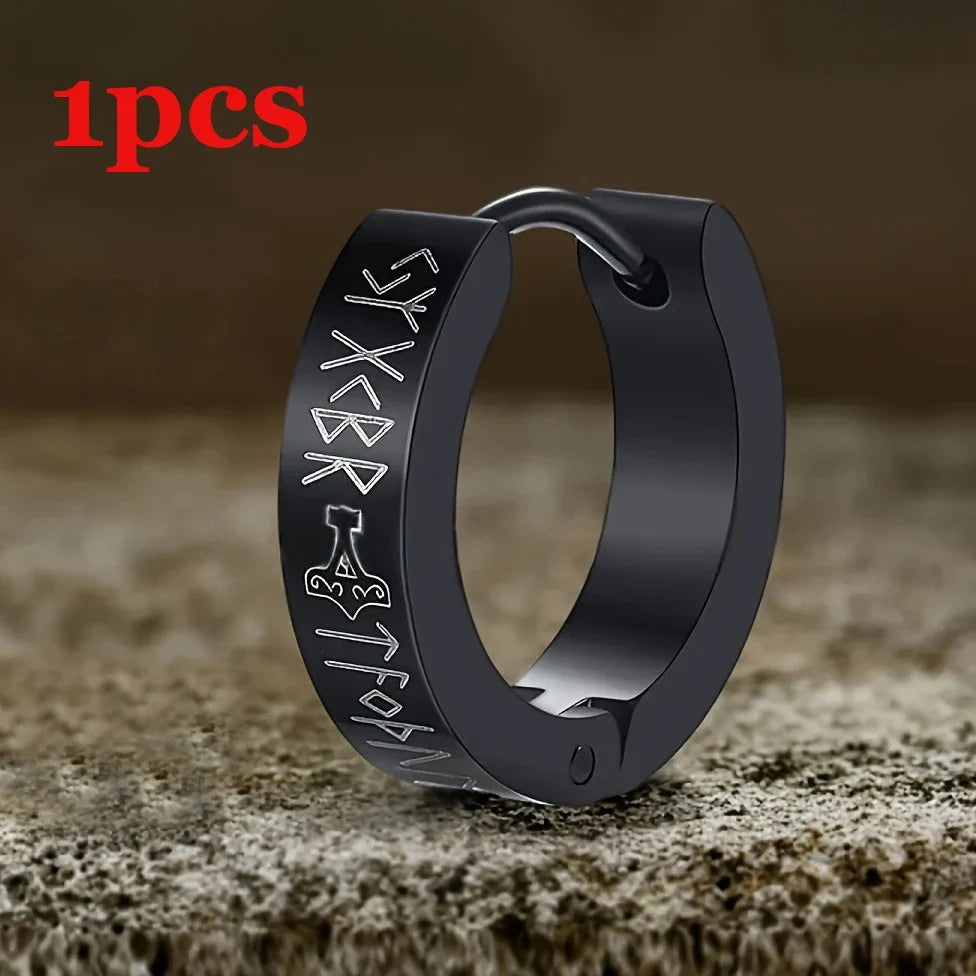 Norse Viking Runes Hoop Earrings | Stainless Steel Huggie Earrings for Men and Women