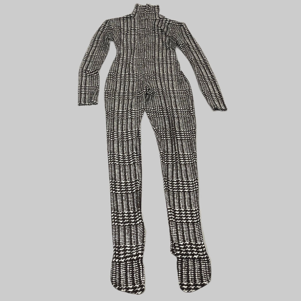 NORMA KAMALI Sleeve Open Back Catsuit Footsie Women's Sz S/36 Chocolate Plaid