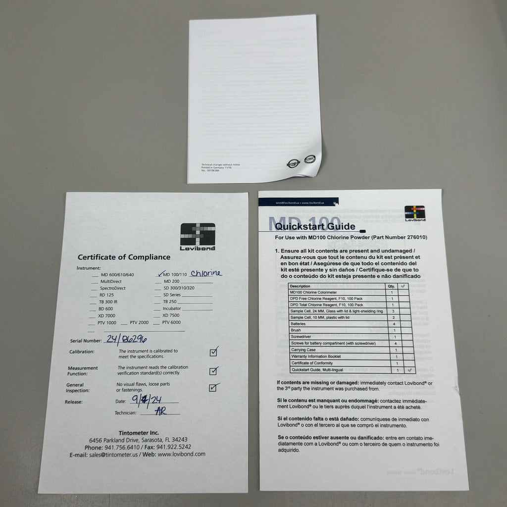 LOVIBOND Tintometer Chlorine Duo Colormeter w/0.02-2.0 mg/L MD100 Water Testing