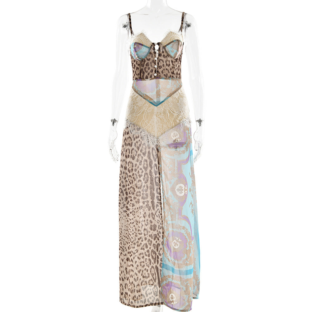 Sexy Women's Strapless Long Dress with Forked Hemline Style Spaghetti Strap Chiffon Dress