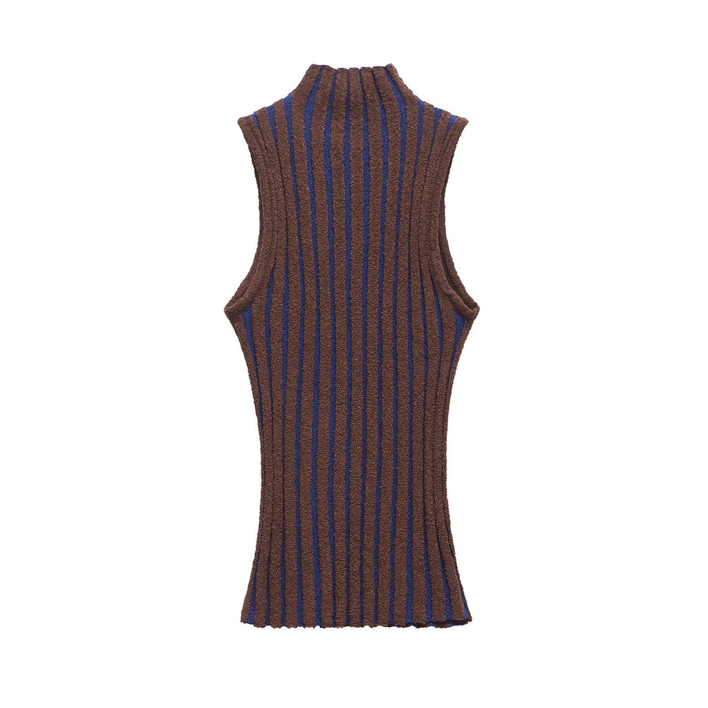 Half high neck sleeveless slim knit sweater for women