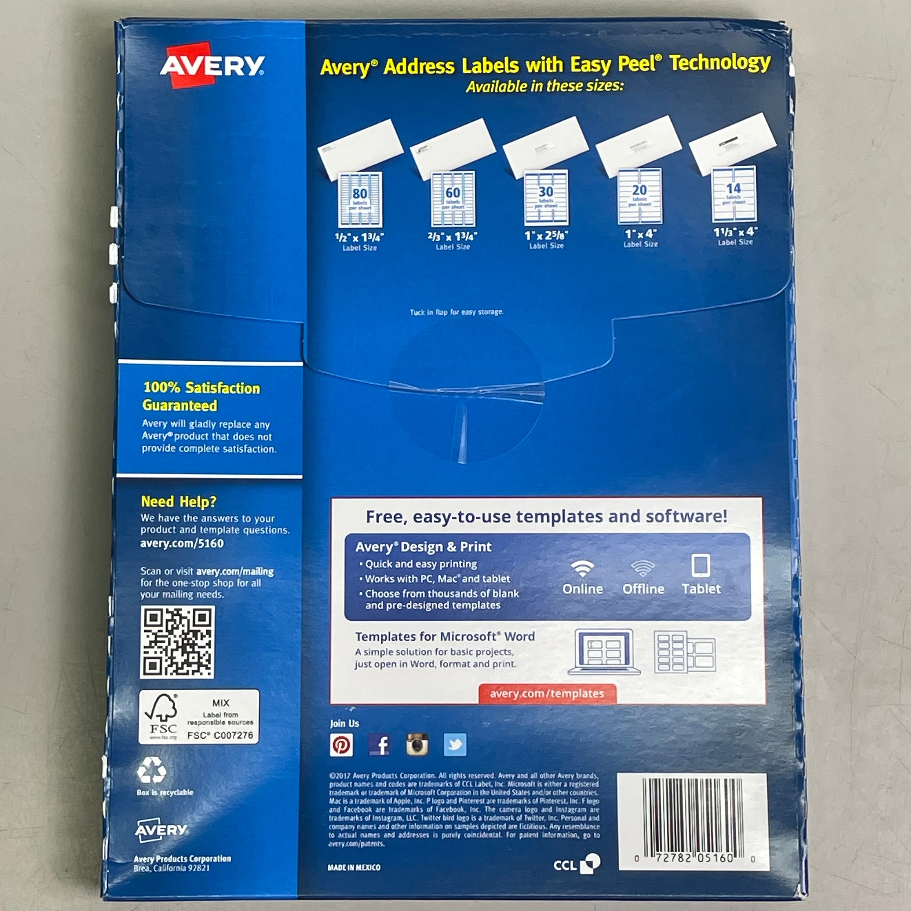 AVERY Easy Peel Sure Feed Address Labels 30 Sheet 1"x 2-5/8" Adhesive White 5160