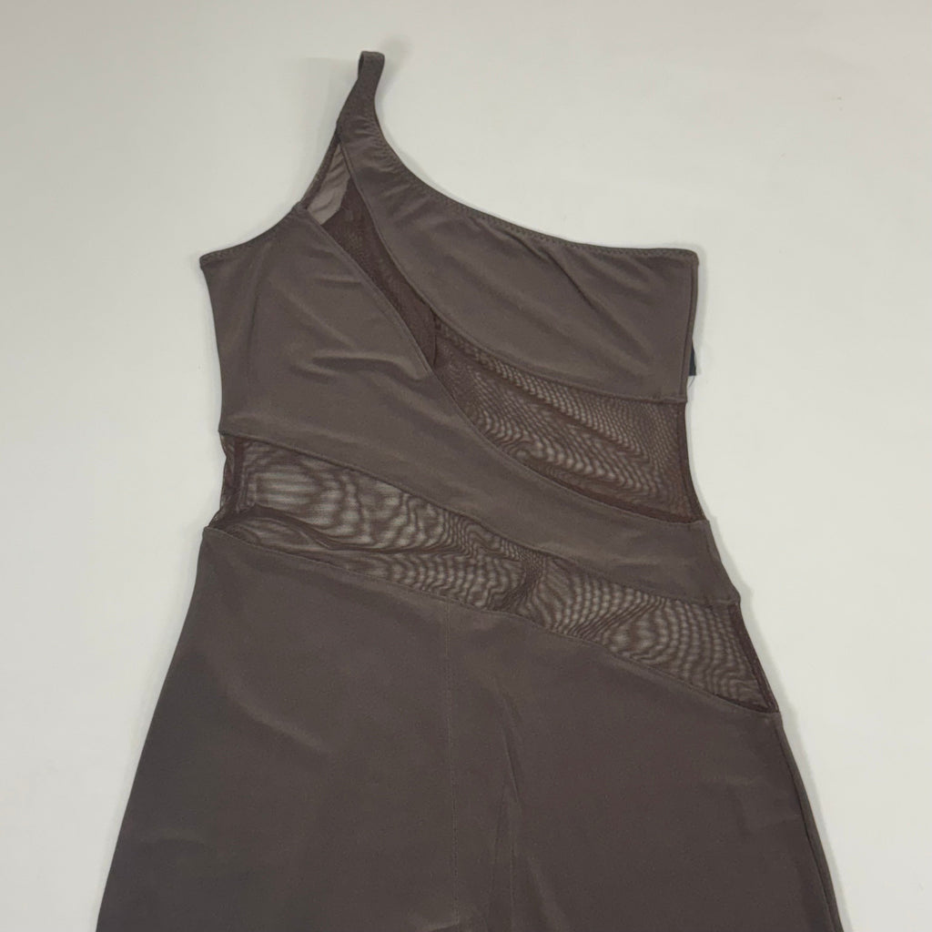 NORMA KAMALI One Shoulder Snake Mesh Catsuit Footsie Women's Sz M/38 Chocolate
