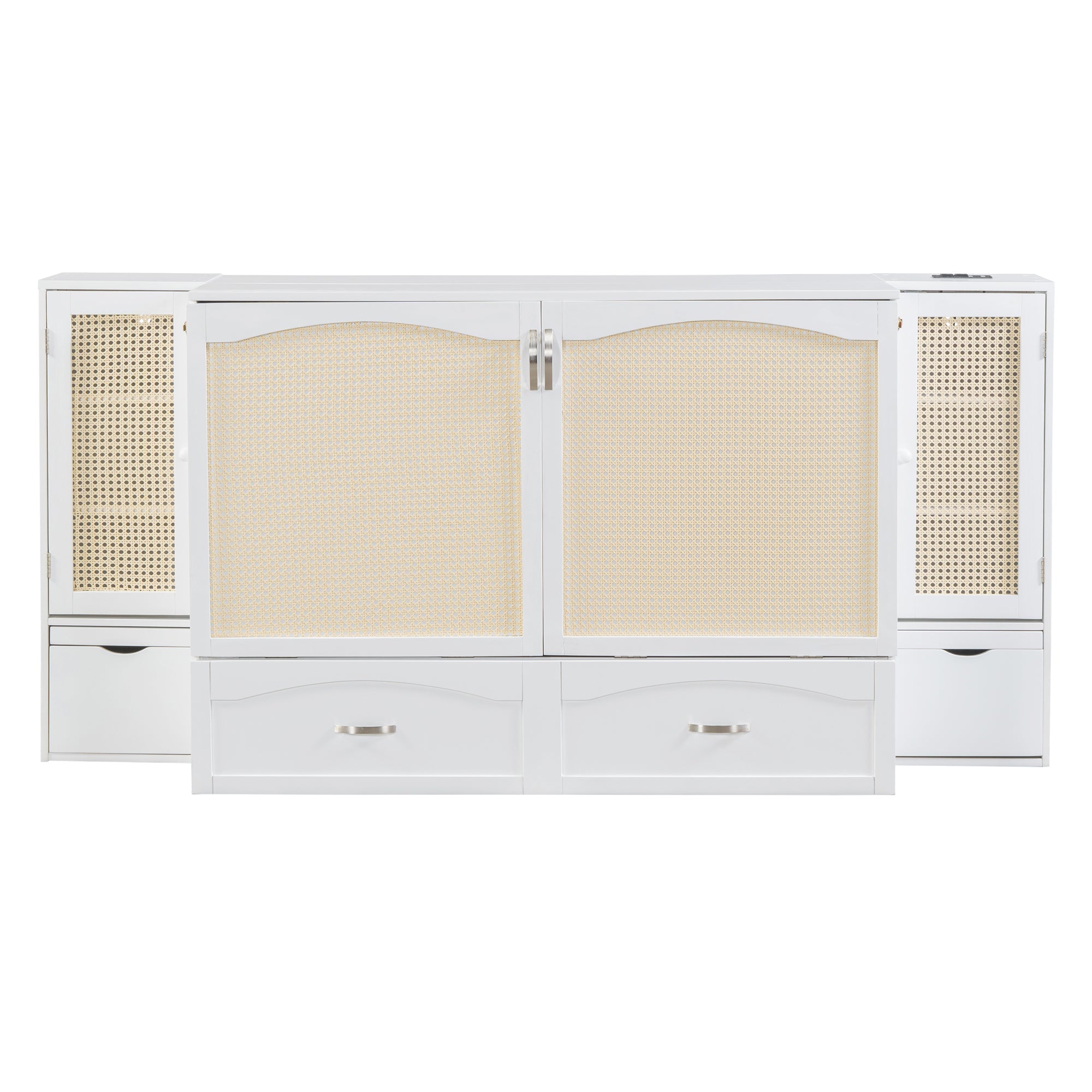 Large Murphy bed wall mounted bed with drawers, 2 storage cabinets, 1 set of sockets and USB ports, white
