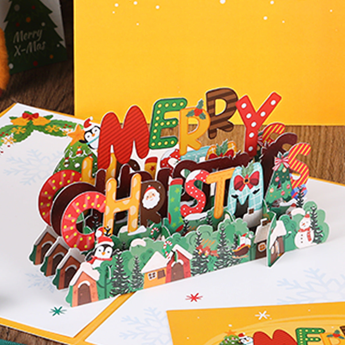 Christmas 3D greeting card, Christmas tree, little penguin cartoon, cute paper carving, handwritten message greeting card