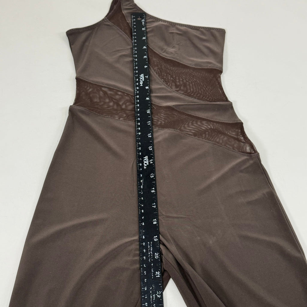 NORMA KAMALI One Shoulder Snake Mesh Catsuit Footsie Women's Sz XXS/32 Chocolate